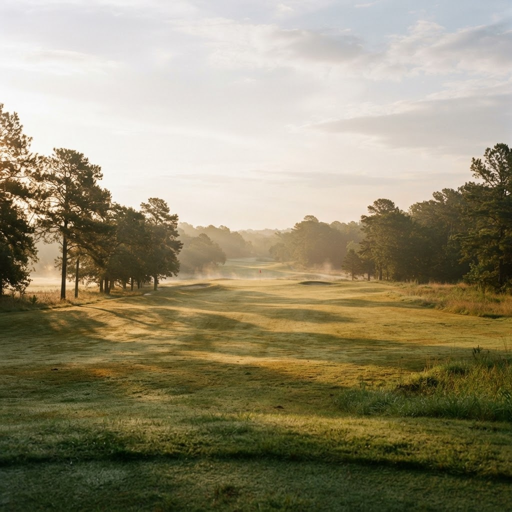 A quiet municipal golf fairway at golden hour, mist rising off the green